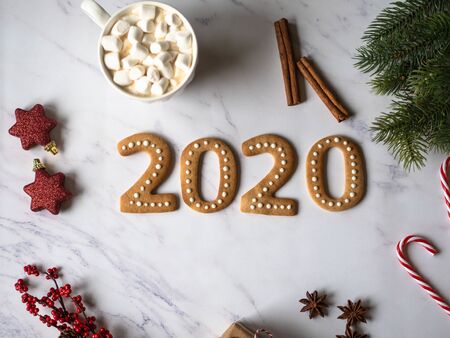 Ginger biscuits or gingerbread of the form of numbers and 2020 new year ginger cookies white marbleの写真素材