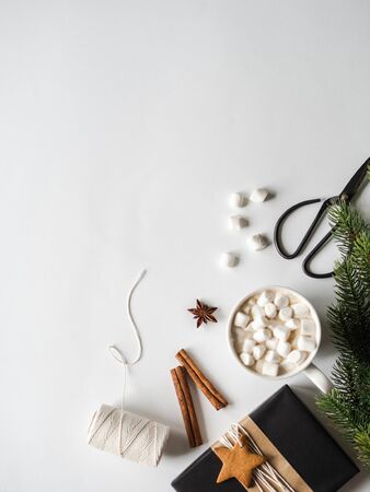 White mug with cacao with spices and marshmallows and fir branch and present in black paper on whiteの写真素材