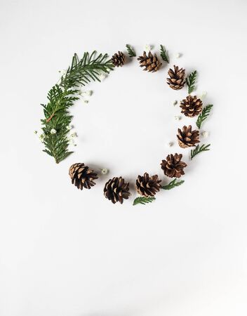 Christmas winter composition of thuja branches, white flowers and cones on white background. Flat lay, top view, copy spaceの写真素材