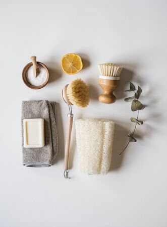 Zero waste home cleaning concept. Various items and ingredients for eco home cleaningの写真素材