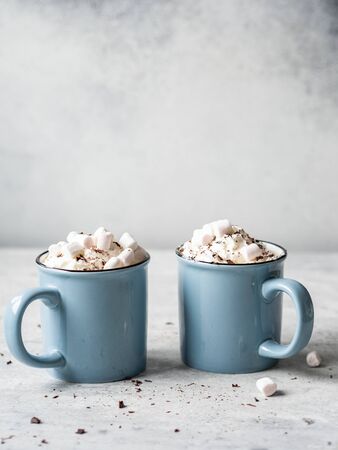 Two blue mugs with hot chocolate, whipped cream, chocolate chips on a gray background. Copy spaceの写真素材