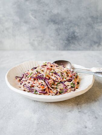 Red cabbage, carrot, cabbage coleslaw salad with mayonnaise on white plate on grey background. Copy spaceの写真素材