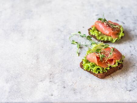 Two toasts with salmon slices, sesame, pea sprouts and lettuce on grey background.の写真素材