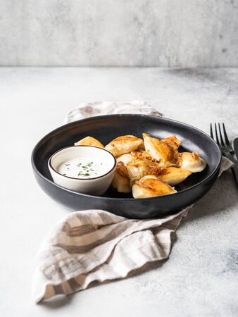 Traditional Polish dish - pierogi or dumplings or vareniki potatoes and mushrooms with sour cream and fried onionsの写真素材