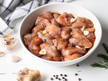 Raw diet marinated turkey meat with garlic, ginger and teriyaki sauce in white bowl.の写真素材