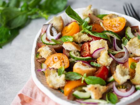 Tuscan Panzanella, traditional Italian salad with tomatoes and bread, Mediterranean healthy food.の写真素材
