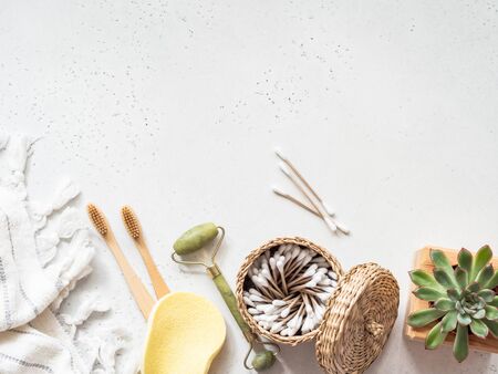 Flat lay of various woman skin care and hygiene products and succulent plantの写真素材