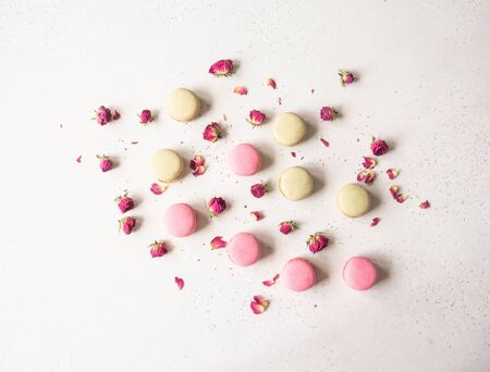 Composition of sweet macaron cookies and dry flowers on whiteの写真素材
