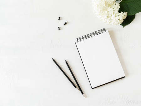 Blank sheet notebook with copy space for text, black pencils, black pushpins and branch of white hydrangea on white background. Flat lay, top view girl work business concept for lifestyle blogの写真素材