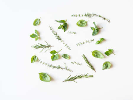 Basil, rosemary and thyme pattern isolated on a white background. Flat lay of green fresh leaves. copy space, top viewの写真素材