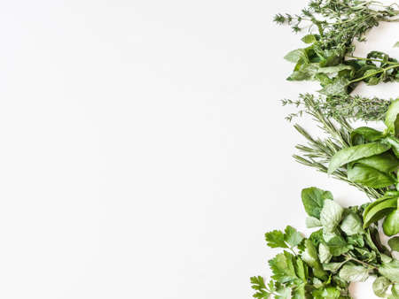 Flat-lay of various fresh green kitchen herbs. Parsley, mint, savory, basil, rosemary, thyme on a white background, top view. Spring or summer healthy vegan cooking conceptの写真素材