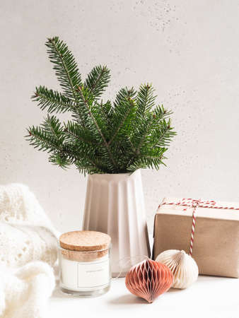 Christmas tree branches in modern ceramic vase, gift wrapped and cozy home decor. Front view. Copy spaceの写真素材