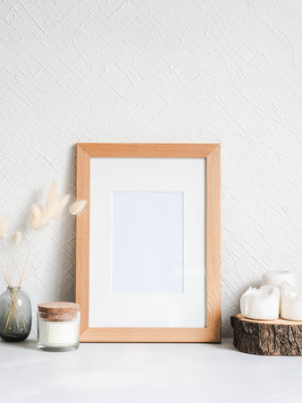 Style modern decor and wood blank frame. Mock up for your design. Copy space. Front viewの写真素材