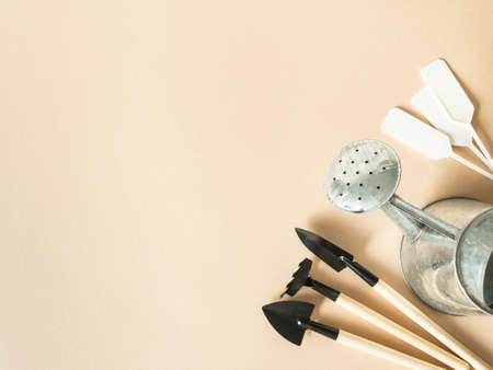 Flat lay composition with metal watering can and garden tools on beige background. Garden concept....