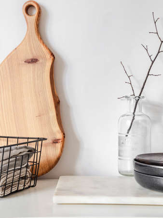 White kitchen utensils background with blank space. Home kitchen decor concept. Front view. Copy spaceの写真素材