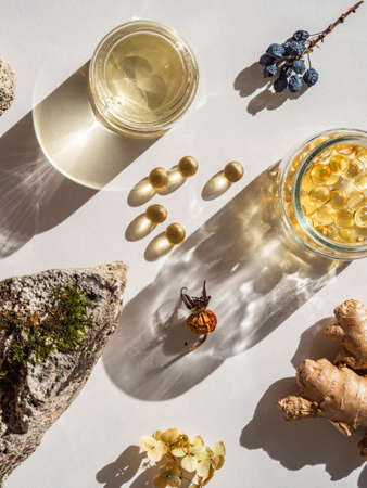 Organic natural product - oils and various dry plants for health on white background in the sunlight. Herbal alternative medicine and aromatherapy. Top viewの写真素材