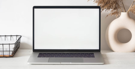 Home office desk with open laptop, storage basket, dry flowers in vase on white background. Copy space. Front viewの写真素材