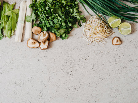 Cooking ingredients for Asian dishes: bok choy, shiitake mushrooms, sprouts, lime, coriander, soba, green peas and green onions on a gray concrete background, top view. copy spaceの写真素材