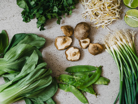 Cooking ingredients for Asian dishes: bok choy, shiitake mushrooms, sprouts, lime, coriander, green peas and green onions on a gray concrete background, top viewの写真素材