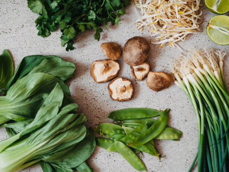 Cooking ingredients for Asian dishes: bok choy, shiitake mushrooms, sprouts, lime, coriander, green peas and green onions on a gray concrete background, top viewの写真素材