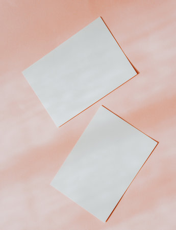 Flat lay of two blank cards sheet on aesthetic pastel pink background with sunlight and shadows.の写真素材