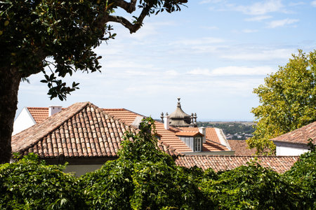 View of beautiful red tiled roofs and green trees frame. Sintra, Portugal