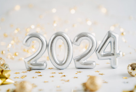 Greeting card - happy new year with numbers 2024, decoration lights and Christmas balls on white...