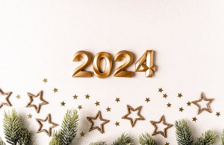 Greeting card - happy new year with numbers 2024 and gold glitter and stars on white background....
