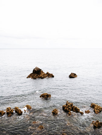 A serene seascape featuring scattered rocky formations emerging from calm ocean waters. Gentle waves surround the rocks under a soft, overcast sky, creating a tranquil and minimalist coastal scene.の写真素材