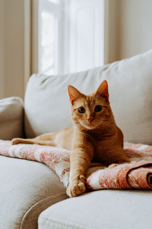 Orange tabby cat lying on a sofa on a soft blanket, looking at the camera in warm natural light indoorsの写真素材
