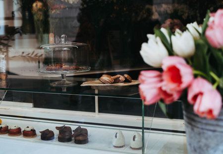Elegant bakery display with pastries and desserts behind a glass counter, decorated with fresh...