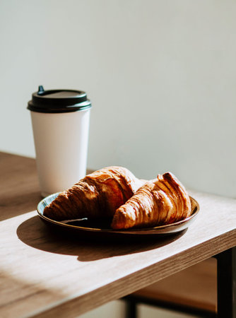 Two golden flaky croissants served on a ceramic plate with a takeaway coffee cup, illuminated by warm natural sunlight on a wooden table