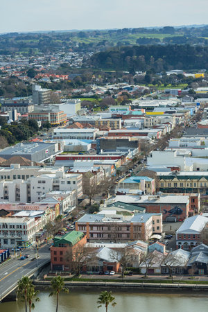 The cityscape and the Wanganui River from Dury Hill in Wanganui, New Zealandの写真素材