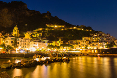 Night view along the coast of Amalfi, Italyの写真素材