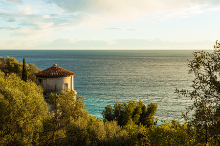 The Ligurian Sea seen from the hill of the castle ruins park in Nice, Franceの写真素材