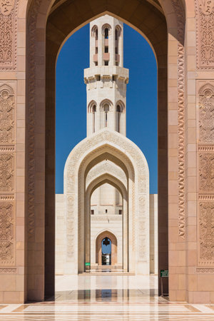 Minaret of Sultan Qaboos Grand Mosque in Muscat, Omanの写真素材