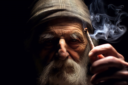 Generative AI. Elderly man with white beard and hat smokes a cigarette in the shadowsの素材