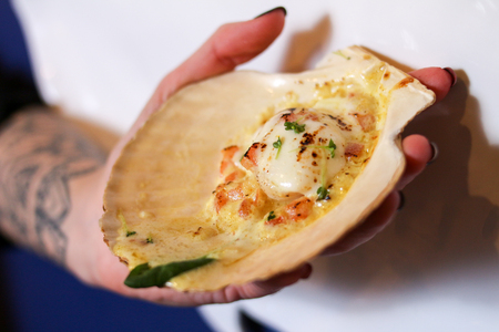 scallops with lemon with handの写真素材