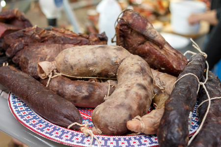 halal horse meat sausages on the marketの写真素材