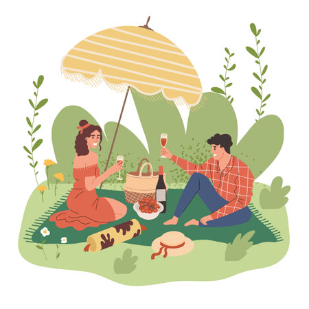 A young couple on a date in the park. A guy and a girl drink wine at a picnic and eat. Romantic dinner in nature.のイラスト素材