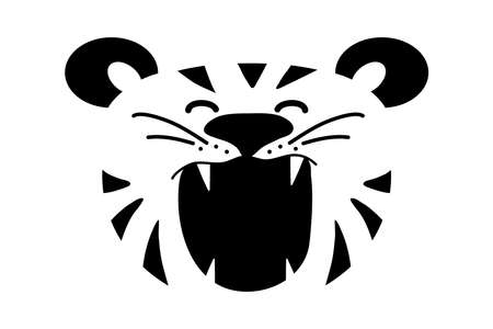 Minimalistic illustration with a cute tiger. A tiger cub with stripes and whiskers. Vector black and white drawing on a yellow backgroundのイラスト素材