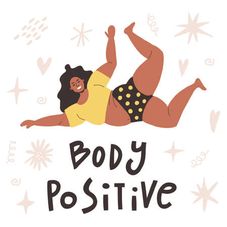 A beautiful plump girl is standing in a yoga pose. A young woman smiles and broadcasts a body positive.のイラスト素材