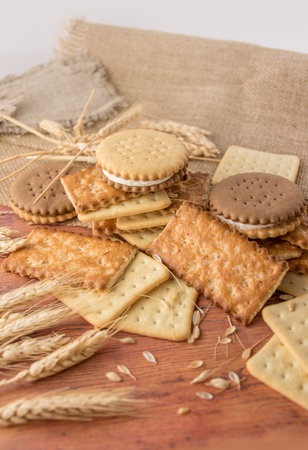 Delicious crunchy cracker. Healthy and natural cookies with spikeletsの写真素材