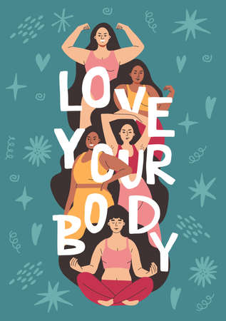 Very different beautiful girls are standing in swimsuits and smiling. Vector illustration on the theme of body positivity and lettering.のイラスト素材