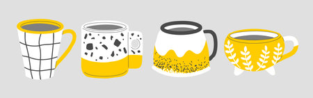 A set of handmade mugs. Tea and coffee in beautiful stylish cups. Patterns on ceramic dishesのイラスト素材