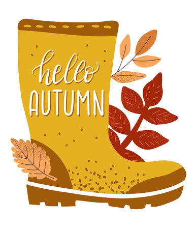 Autumn yellow rubber boots on a white background. Lettering "Hello autumn". Leaf fall and fall weather. waterproof shoesのイラスト素材