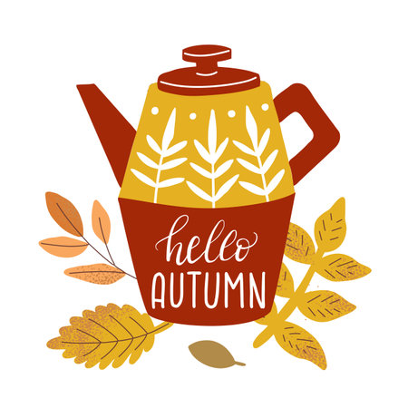Autumn cozy teapot with herbal tea. Lettering hello autumn. yellow leaves and leaf fallのイラスト素材