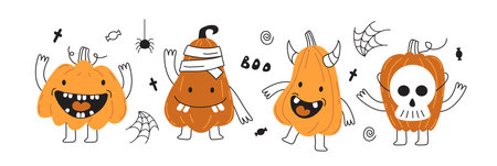 set of orange pumpkins for Halloween. Funny pumpkin vegetables with spiders and costumes scare Boo! sweet or nasty!のイラスト素材