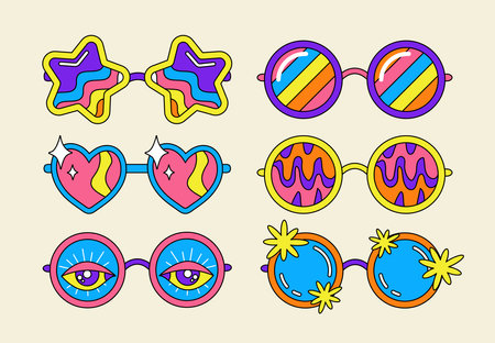 A set of bright sunglasses. hippie style. retro fashion. Hallucinations and psychedelics in the eyesのイラスト素材