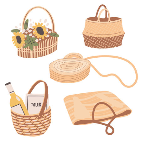 A set of woven bags. Wicker picnic baskets. Summer women's fashion handbag and wineのイラスト素材